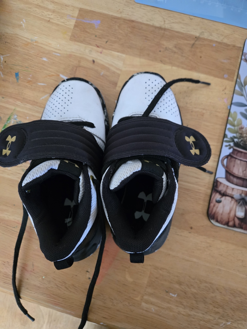 Under Armour Kids High-Top Sneakers in White, Black and Gold Accent